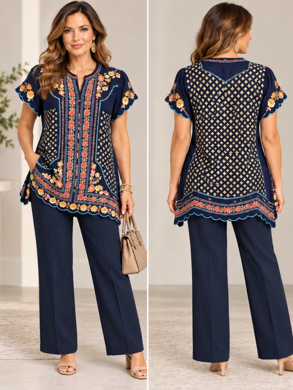Johnny Was Moji Embroidered Tunic – Navy Blue – Size XS